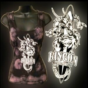 Vtg Y2K Blk tie dye Rincon surf dragon graphic ribbed distressed cropped tank L
